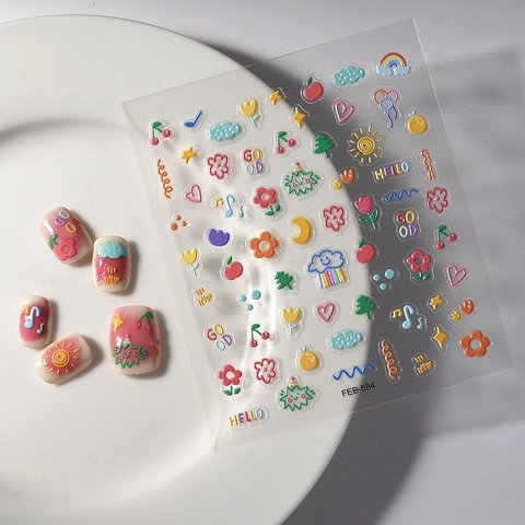5D Relief Cartoon Nail Stickers For Kids Girls Cute Heart Flower Fruit 3D Embossed Nail Art Decals Waterproof DIY Manicure Decoration