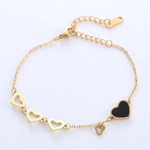 Pulsera Corazón Acero Inoxidable 316L Amor Hueco Esmalte Negro Cadena Ajustable Joyería Elegante Para Mujeres Niñas