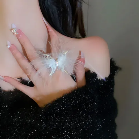 Anillo De Mariposa Pluma Blanco Aleación Strass Apertura Ajustable Nicho Moda Joyería Elegante Para Mujeres