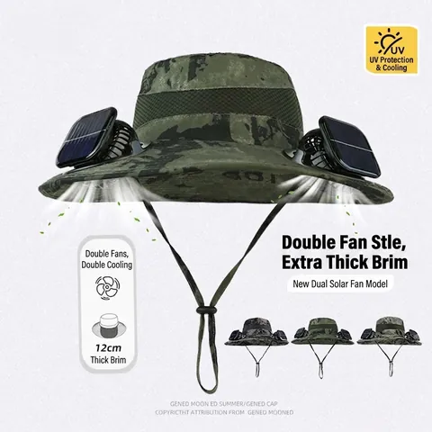 Solar Powered Dual Fan Bucket Hat Wide Brim Camouflage UV Protection Cooling Outdoor Fishing Hiking Breathable Polyester Cap