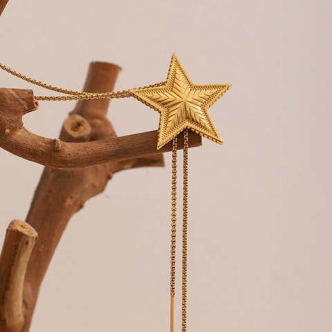 Star Pendant Lariat Necklace Textured 18K Gold Plated Stainless Steel Adjustable Long Tassel Jewelry For Women