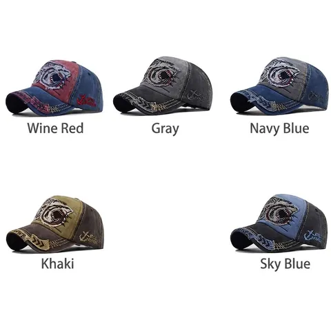 Cappello Da Baseball In Cotone Lavato Retro Ricamo Squalo Stile Distressed Regolabile Unisex