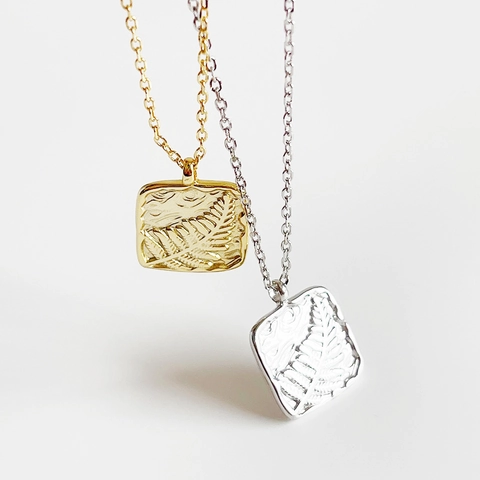 925 Sterling Silver Square Pendant Necklace With Fern Leaf Relief Texture Minimalist Pastoral Style Jewelry For Women