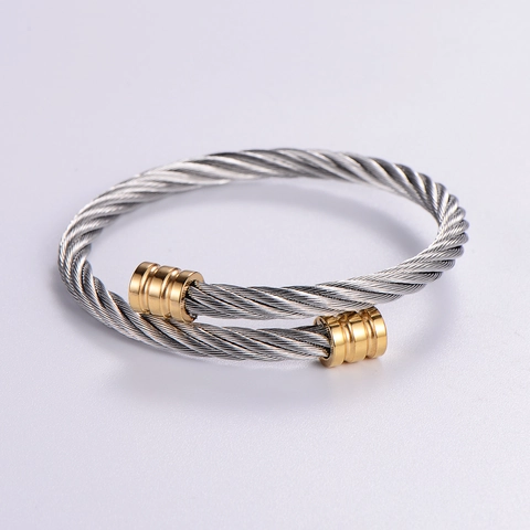 Brazalete Abierto De Cable Trenzado De Acero Inoxidable Bicolor Chapado En Oro Puño Geométrico Joyería Vintage Unisex