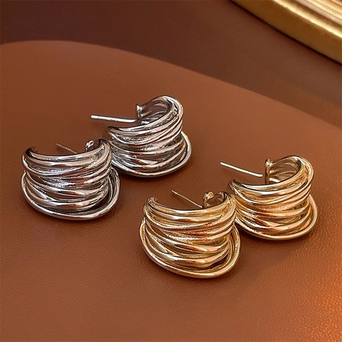 C-Shape Hoop Earrings Copper With 925 Sterling Silver Earring Post Multi-Layer Twisted Geometric Minimalist Fashion Women