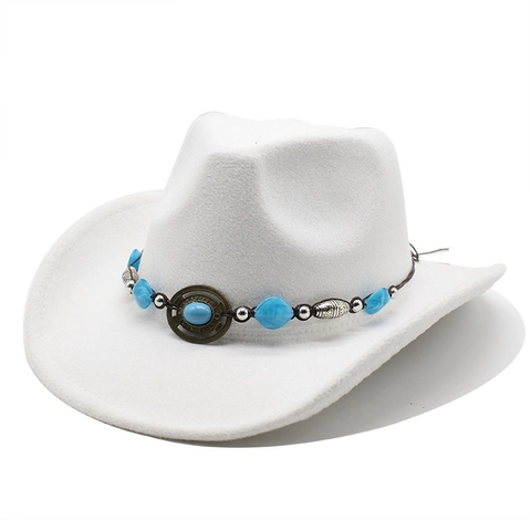 Western Cowboy Hat Cotton Polyester Felt Wide Brim Bohemian Ethnic Turquoise Bead Vintage Buckle Retro Fedora Men Women