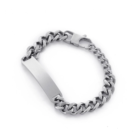 Men Stainless Steel Cuban Link ID Bracelet With Blank Rectangular Plate Curb Chain Polished Jewelry Gift