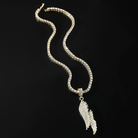 Collar Con Colgante De Ala De Ángel Hip Hop Con Cadena De Tenis De Una Sola Fila De Diamantes De Imitación Joyería Bling