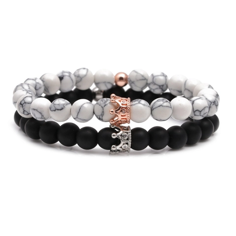 Natural Stone Beaded Bracelets Lava Turquoise Howlite Copper Crown Charm Punk Jewelry For Men Women