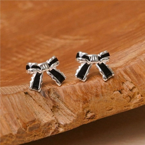 Orecchini A Lobo Con Fiocco Perno In Argento Sterling 925 Smalto Nero Stile Coreano Elegante Minimalista Gioielli Donna