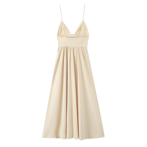 Vestido Midi Elegante De Tirantes Finos Para Mujer Poliéster Popelina Cuello En V Profundo Línea A Color Sólido