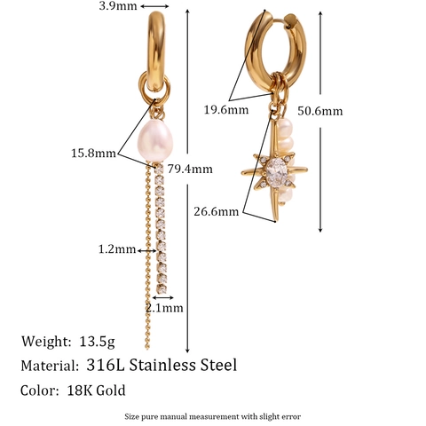 Boucles Oreilles Pendantes Asymétriques Acier Inoxydable Perle Eau Douce Zircon Étoile Huit Branches Chaîne Femmes