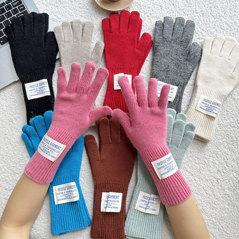 Guanti In Maglia Misto Lana Da Donna Inverno Caldi Termici Tinta Unita Etichetta Lettera Vintage Stile Giapponese Morbidi
