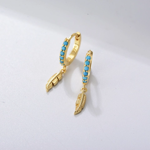 925 Sterling Silver Turquoise Feather Hoop Earrings Boho Vintage Huggie Earrings For Women Western Style Jewelry Gift