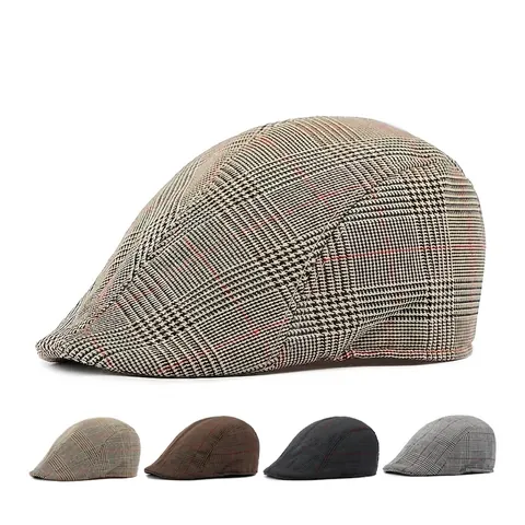 Vintage Plaid Flat Cap For Men Cotton British Style Checkered Ivy Newsboy Hat Breathable Mesh Lining Casual Outdoor