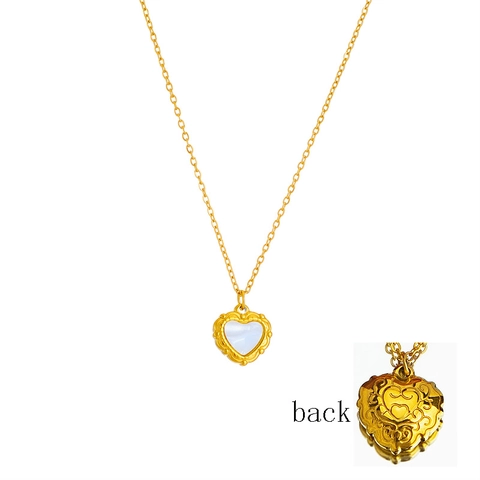 French Vintage Heart Pendant Necklace And Stud Earrings Titanium Steel Shell Inlay Gold Plated Elegant Jewelry Women