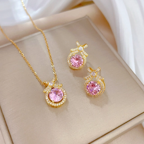 Bow Necklace And Earrings Jewelry Pink Crystal Zircon Gold Plated Titanium Steel With Silver Earring Post Elegant Women