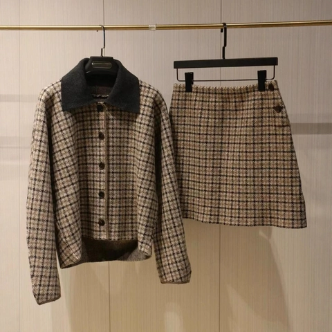 Giacca E Minigonna A Quadri Vintage Da Donna Misto Lana Manica Lunga Risvolto Streetwear Retro Casual Outfits