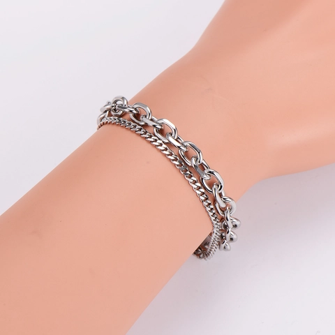 Bracciale A Catena A Doppio Strato Acciaio Inossidabile 304 Chiusura A Gancio OT Hip Hop Punk Gioielli Minimalisti Per Uomo Donna