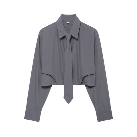 Women Long Sleeve Shirt With Tie Elegant Polyester Solid Color Single Breasted Button Up Crop Top Fashion Blouse