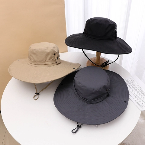 Outdoor Sun Hat Polyester Quick Dry Wide Brim Windproof Drawstring Adjustable Boonie Bucket Hat For Hiking Fishing Camping