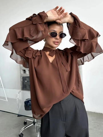 Blusa De Gasa Para Mujer Elegante Manga Larga Acampanada Volantes Lazo Cuello En V Color Sólido Moda Oficina Top