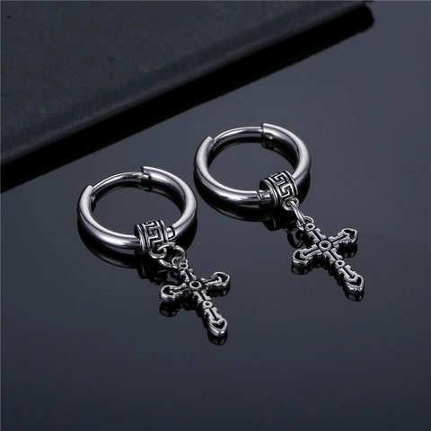 Cross Pendant Hoop Earrings Vintage Punk Gothic Distressed Stainless Steel Titanium Jewelry For Men Women