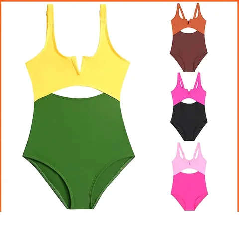 Mädchen Badeanzug Color-Block Cut-Out Nylon Hochelastisch Verstellbare Träger Kinder Strandmode