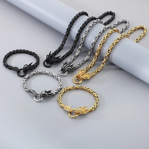 Collar Y Pulsera Con Cabeza De Dragón De Acero Inoxidable Cadena Bizantina Emperador Para Hombre Estilo Punk