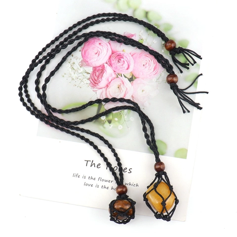 Handmade Woven Natural Stone Pendant Necklace Adjustable Raw Crystal Net Bag Ethnic Bohemian Jewelry For Women Gift
