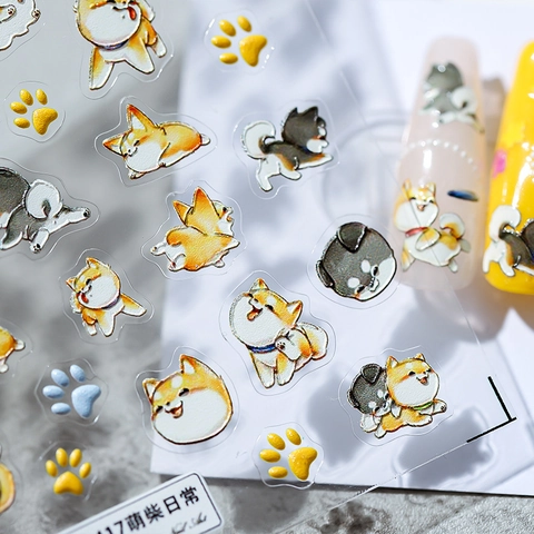 3D Embossed Shiba Inu Dog Nail Art Stickers Cute Cartoon Shiba Inu Paw Print Star Self Adhesive Nail Decals For Women Kids Manicure Decoration