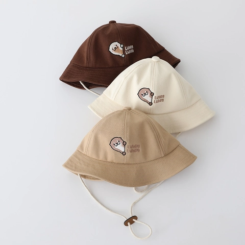 Infant Baby Bucket Hat Cotton Breathable Mesh Lining Cute Otter Embroidered Sun Protection With Adjustable Chin Strap
