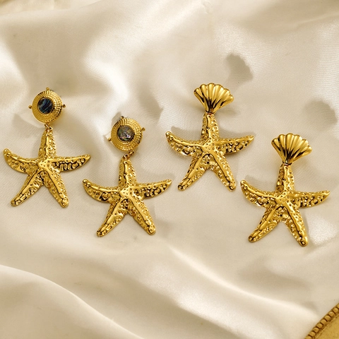 Pendientes Colgantes De Estrella De Mar De Acero Inoxidable Chapado En Oro De 18K Con Incrustaciones De Concha Abalone