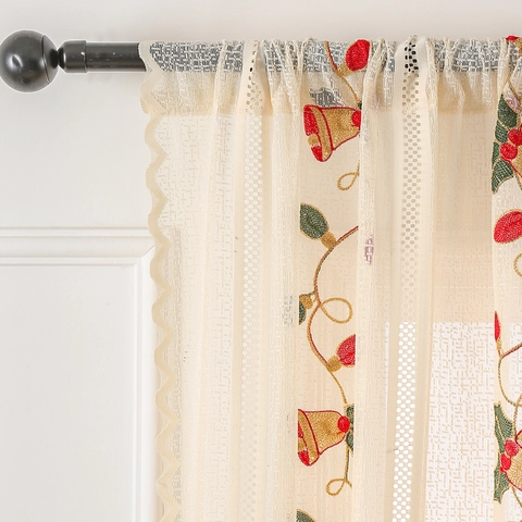 Christmas Lace Curtains Embroidered Bell Holly Pattern Semi Blackout Window Decor American Style Polyester Mesh