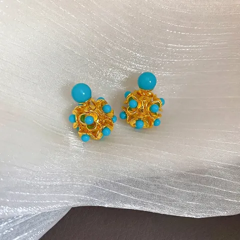 Vintage Cluster Knopoorbellen Verguld Hars Turkoois Blauw Bloem Ontwerp Met 925 Sterling Zilveren Oorbel Post Voor Dames
