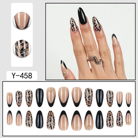 Glanzende Kunstnagels Luipaardprint Zwarte Franse Stijl Gouden Metalen Lijn Amandel Stiletto Vorm Hars Modieuze Vrouwen