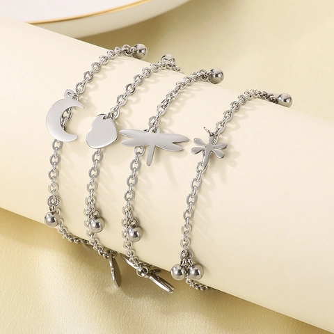 Dragonfly Heart Moon Tassel Multi Layer Anklet Stainless Steel Summer Beach Vacation Minimalist Elegant Foot Accessory