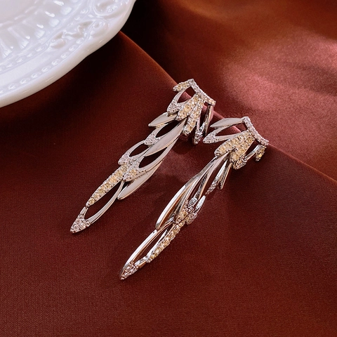 Elegant Leaf Wing Long Drop Earrings Copper With Zircon And Silver Earring Post For Women Vintage Temperament Jewelry