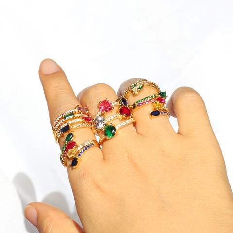 Adjustable Open Rings Copper 18K Gold Plated Colorful Cubic Zirconia Rainbow Butterfly Snake Retro Fashion Jewelry For Women