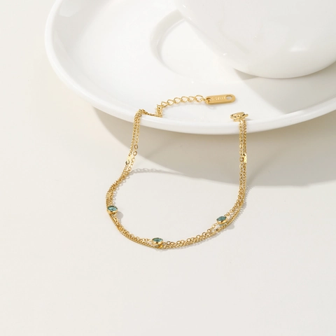 Bracciale a Doppio Strato in Acciaio Inossidabile Minimalista da Donna Placcato Oro 18K Strass Blu Rotondo Intarsiato Gioielli a Catena