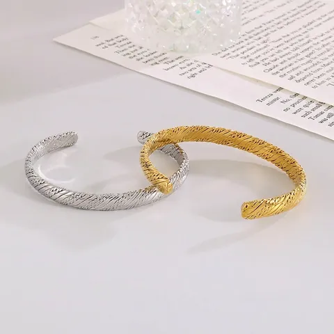 Cuff Bracelet Stainless Steel Twisted Rope Texture Retro C-Shape Open Adjustable Bangle For Women Minimalist Jewelry