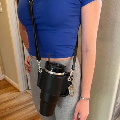 Leather Tumbler Sleeve With Adjustable Shoulder Strap Card Pocket Key Ring Holder Portable Bottle Carrier
