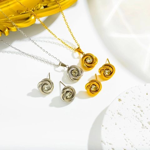 Collana E Orecchini A Lobo Acciaio Inossidabile 304 Zirconia Cubica Nodo Francese Rosa Fiore Gioielli Eleganti Donne