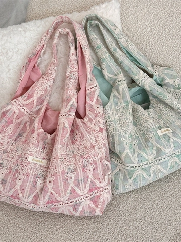 Bolso De Hombro Para Mujer Encaje Bordado Floral Gran Capacidad Decoración Lazo Vintage Estilo Coreano Tote
