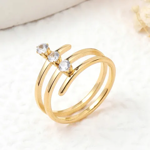 Korean Style Multi-layer Stainless Steel Rhinestone Open Ring For Women Geometric Fashion Jewelry Gold Silver Adjustable Ring
