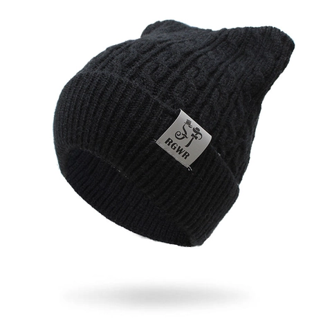Gorro De Punto Trenzado Mezcla Algodón Pelo De Conejo Grueso Cálido Invierno Color Sólido Orejas De Gato Parche