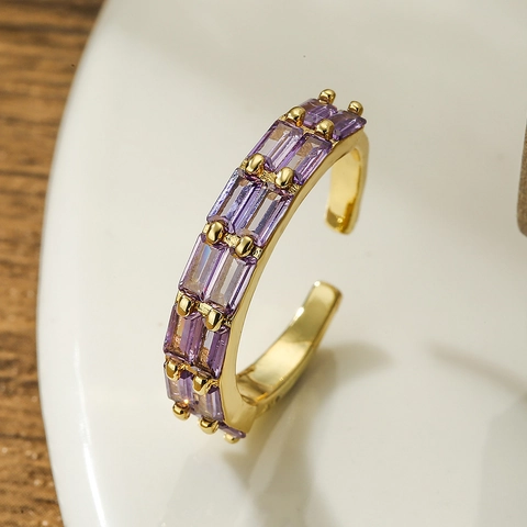 Exquisite Zircon Open Ring Copper Gold Plated Adjustable Colorful Baguette Cut Vintage Fashion Jewelry For Women