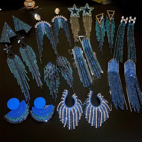 Lange Quasten Ohrhänger Mit Blauem Farbverlauf Straßsteine Geometrischer Statement Schmuck Für Damen Silberner Ohrstecker