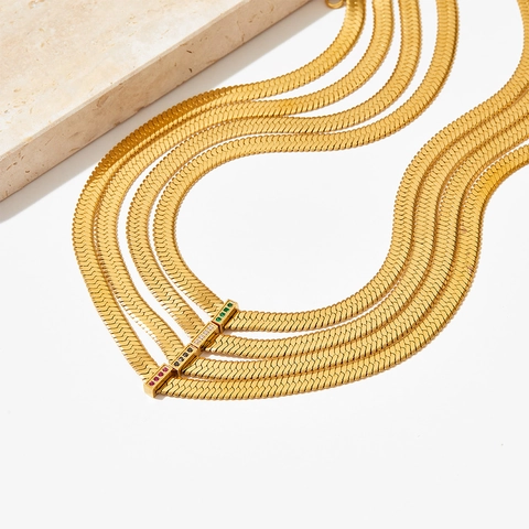Stainless Steel Flat Snake Chain Necklace Elegant Rectangular Rhinestone Pendant Gold Silver Plated Jewelry For Women