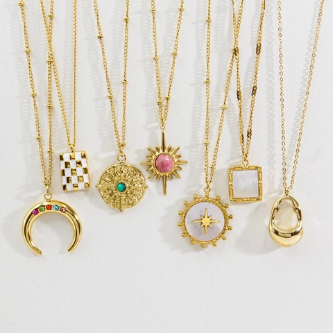 14K Gold Plated Stainless Steel Necklace For Women Natural Stone Shell Crescent Moon Starburst Pendant Vintage Jewelry